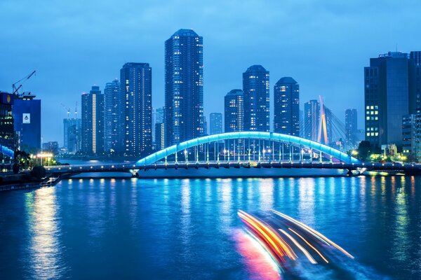 Blue landscape with skyscrapers and a bridge. About