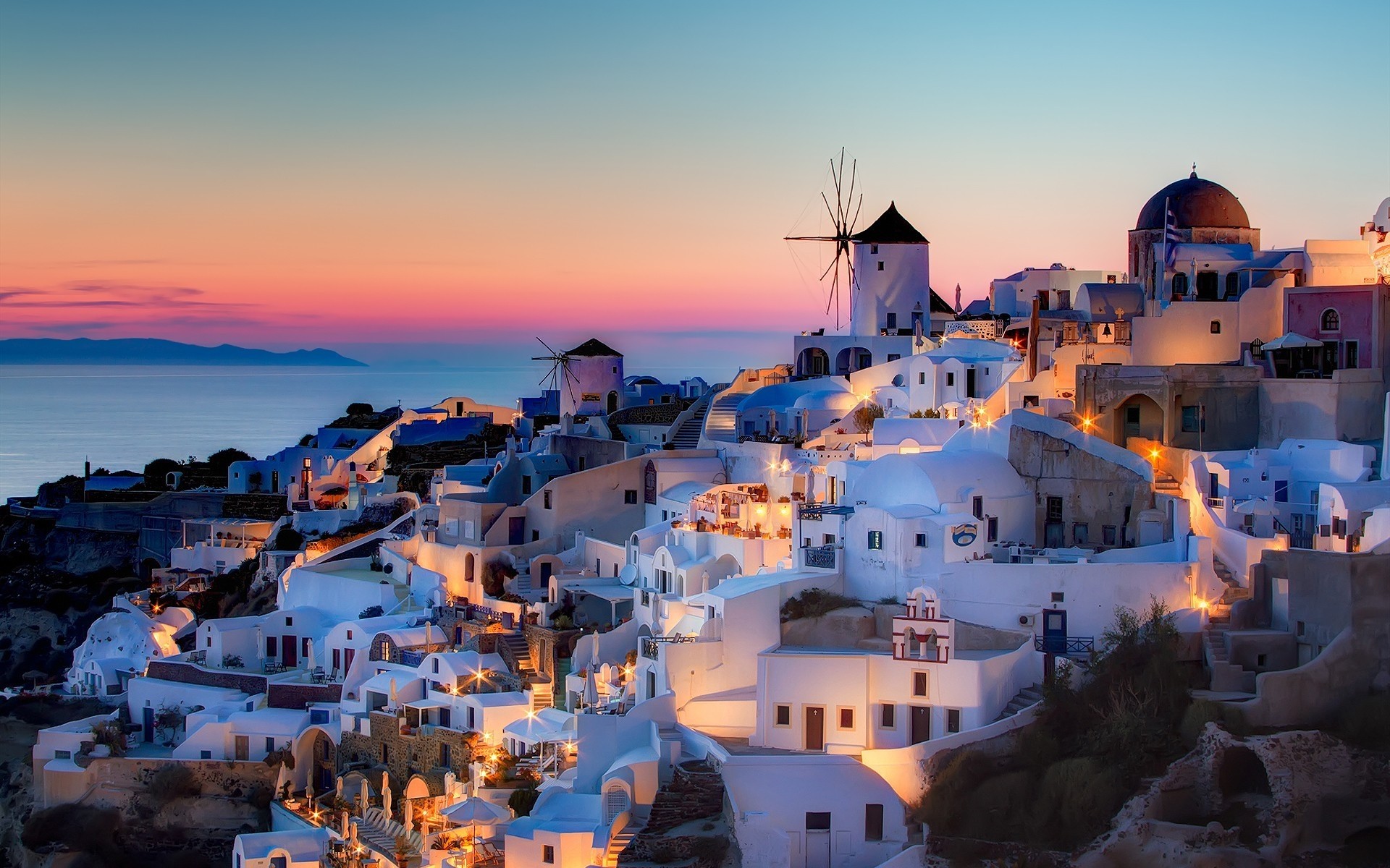 griechenland reisen architektur stadt stadt meer wasser meer abend haus sonnenuntergang stadt dämmerung himmel im freien tourismus haus kirche hafen malerisch griechische stadt santorini landschaft blick auf santorini