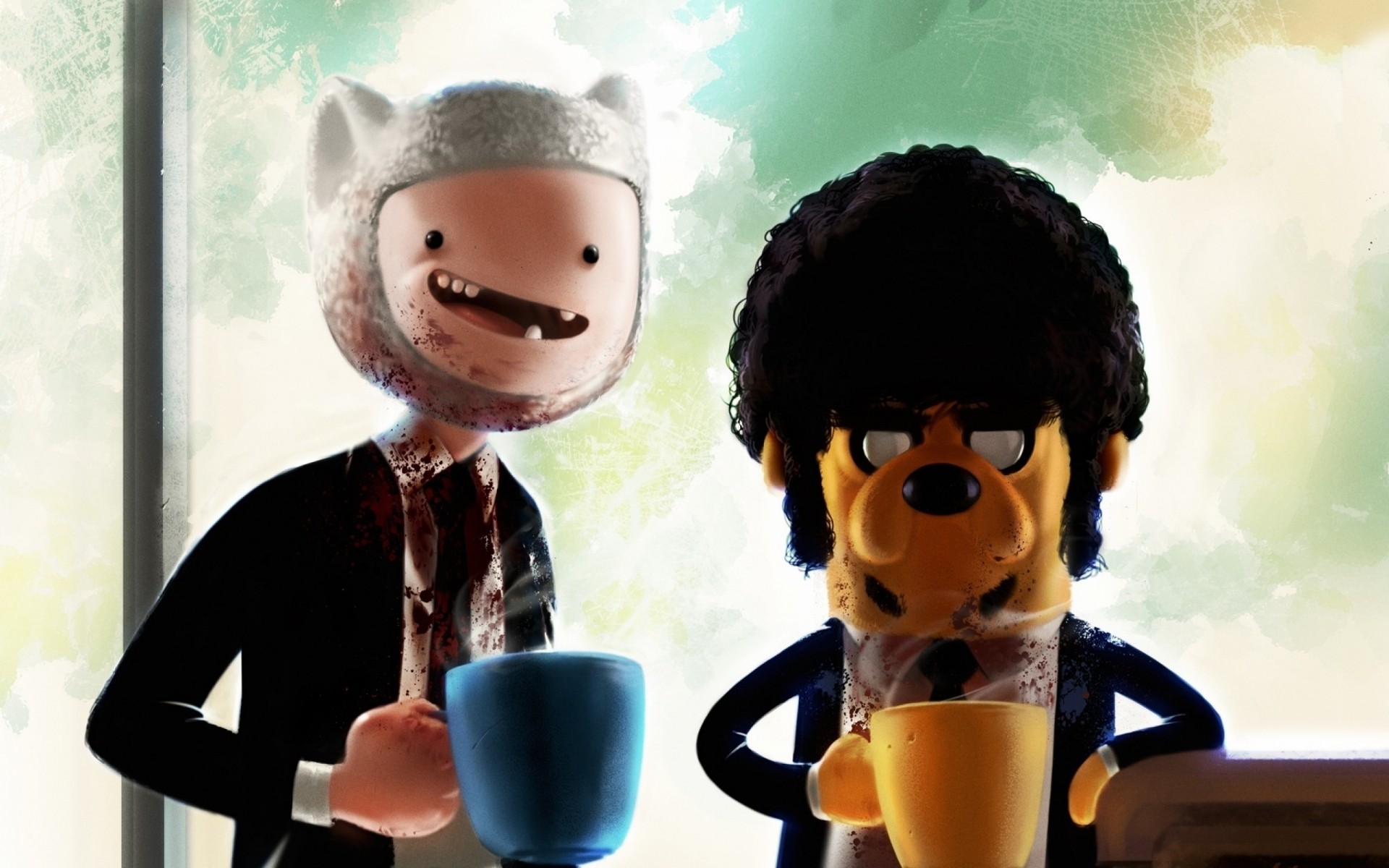 serie tv adulto donna espressione facciale uomo ritratto indossare divertimento da solo finn jake parodia pulp fiction