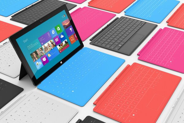 Colorful laptops for working on the Internet