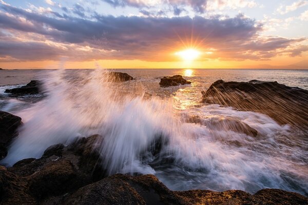 Foggy sunset on the seashore