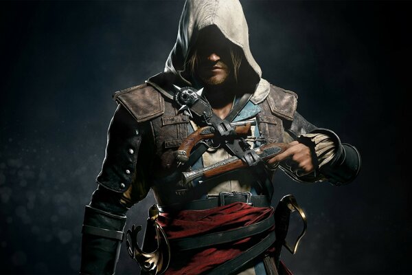 A male assassin with a gun on a black background