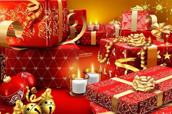 Christmas interior:gifts, candles, bells