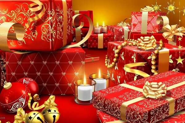 क्रिसमस इंटीरियर: उपहार, मोमबत्तियाँ, घंटियाँ