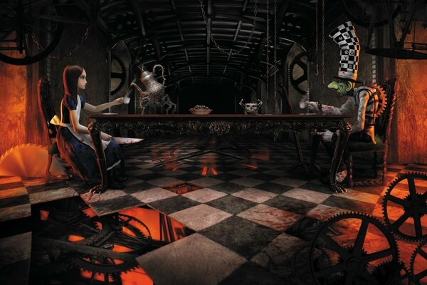 Characters in the game together at a table in a dark room