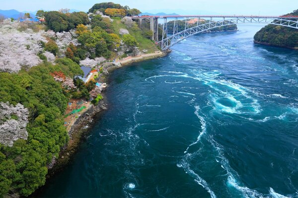 Schöne japanische Landschaft über dem Wasser