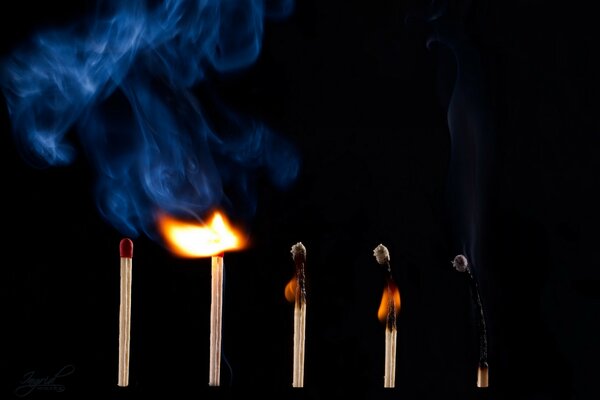 Abstraction of burning matches on a black background