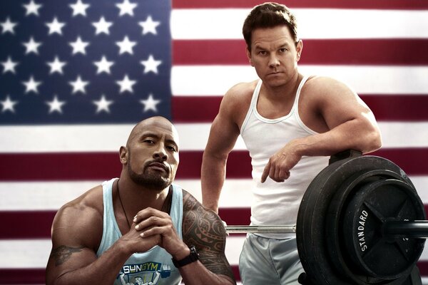 Athletes on the background of the American flag