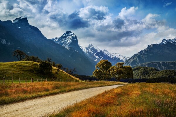 Strada sullo sfondo di montagne e boschi