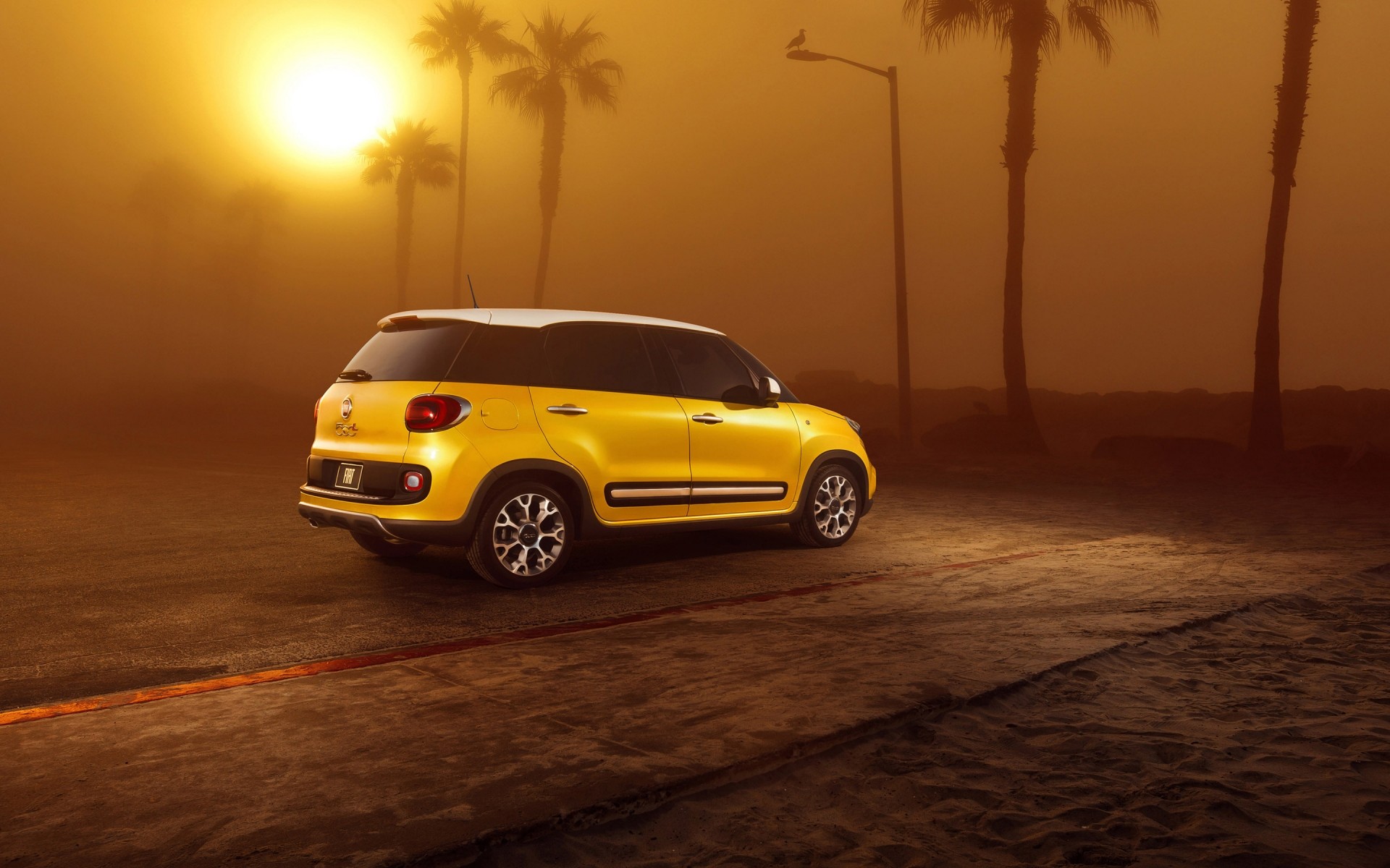 fiat car vehicle blacktop pavement hurry transportation system beach sunset action blur asphalt fiat 500l