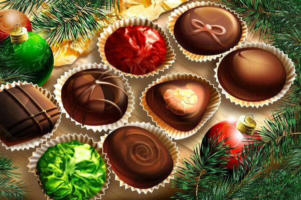 Chocolates on the background of Christmas decorations