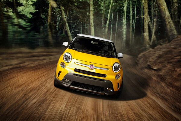 Fiat amarillo corriendo por el bosque nocturno