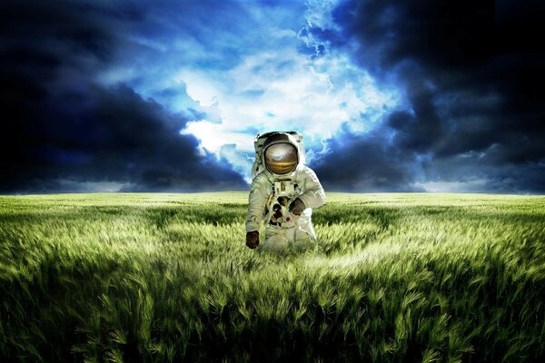 An astronaut walking on a wheat field