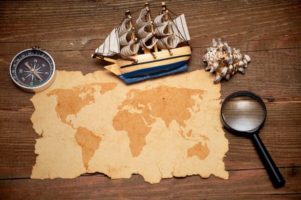 Map Compass Shell Ship Magnifying Glass Travel