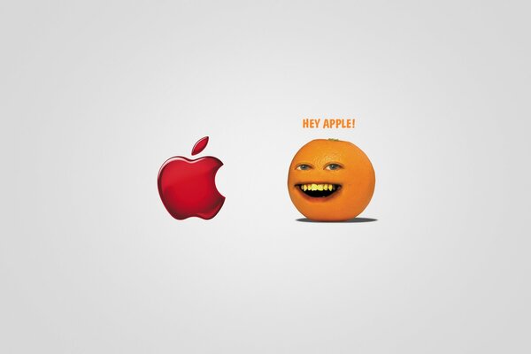 An orange with a picture of a person s face says hello to the apple logo