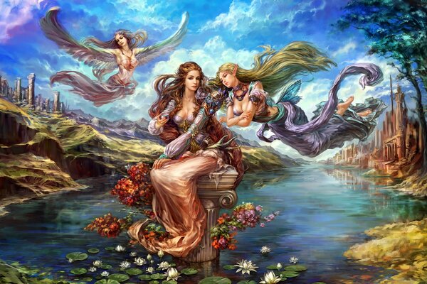 Charming fairies on the background of a magical landscape