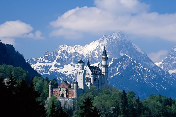 Das Bild des Schlosses auf dem Hintergrund der schneebedeckten Berge