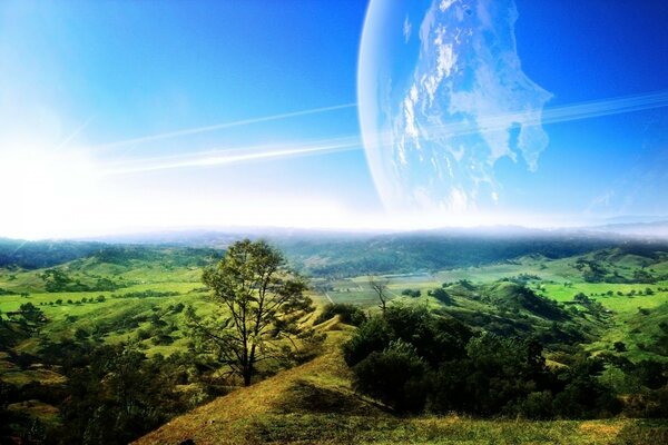 Schöne Sommerlandschaft und blauer Himmel