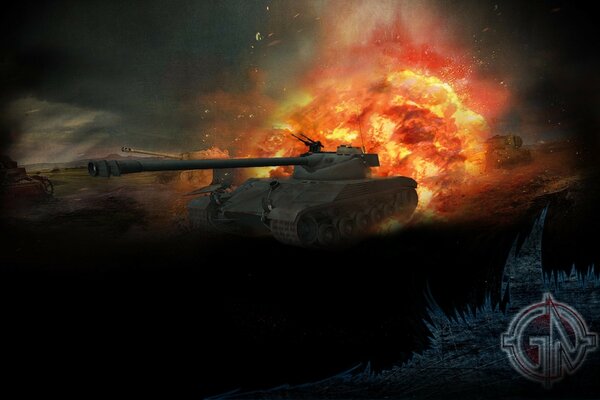 Playing tanks against the background of a fiery explosion