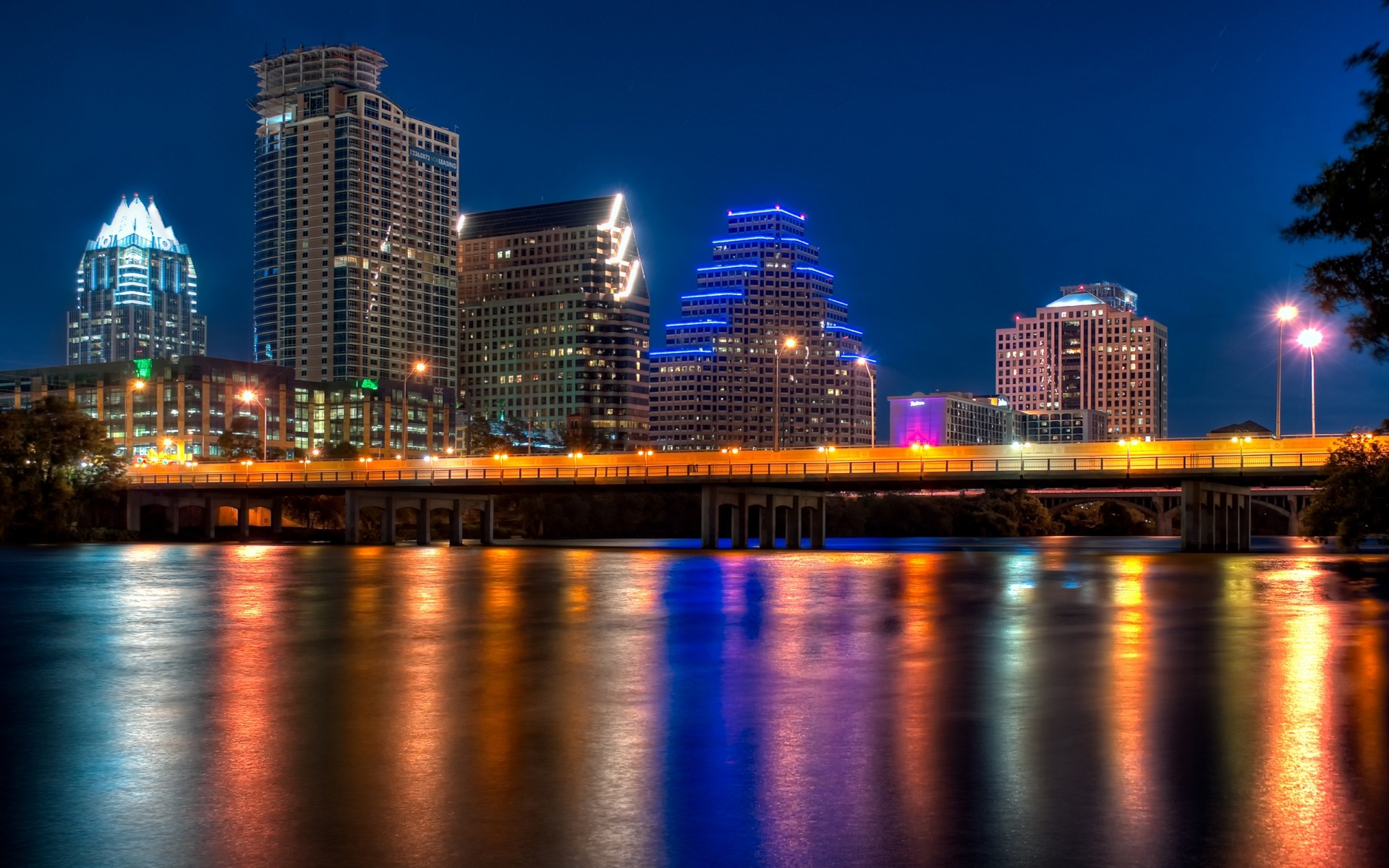 united states city architecture downtown cityscape skyline skyscraper dusk building travel urban office river sky water sunset evening illuminated waterfront bridge reflection