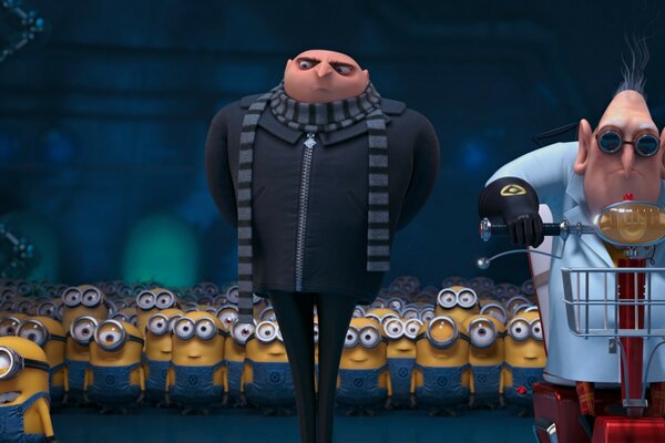 Gru is standing and the minions are looking at him