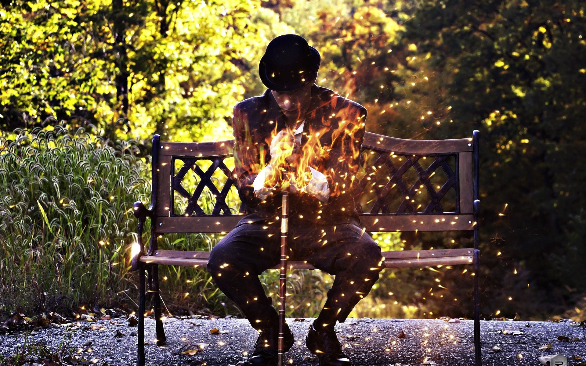 phototraitement un homme adulte banc à l extérieur bois bois feu