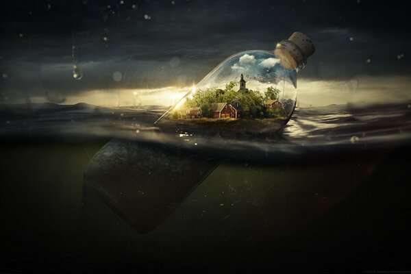 A landscape with a bottle with a city inside floating on water