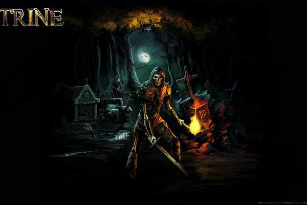 A dangerous skeleton with a sword and a torch