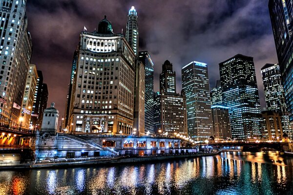 Evening in New York, the lights of skyscrapers