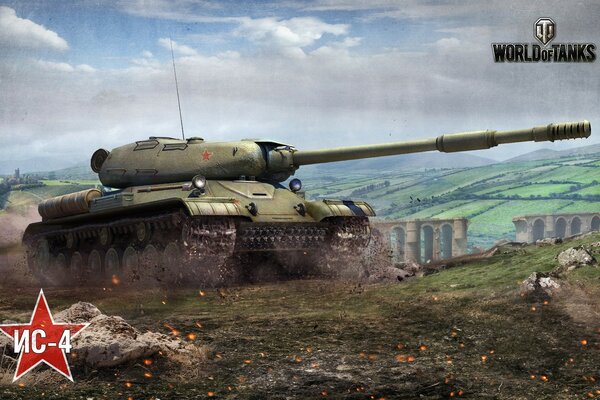 IS-4 game tank in a green field