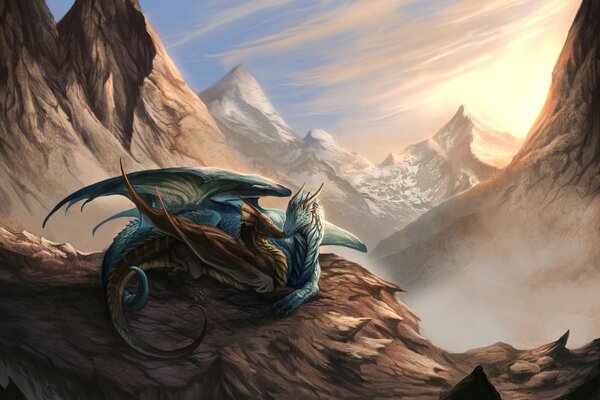 Two dragons on top of a mountain