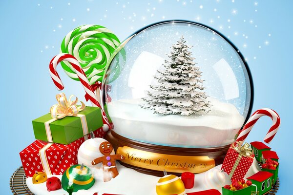 Świąteczna szklana kula, w niej okrągły taniec płatków śniegu, ozdobiony jest cukierkami i okrągły taniec prezentów