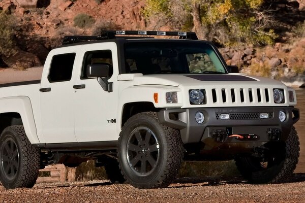 SUV blanc sur route de sable