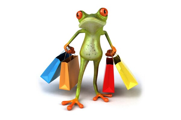 Cartoon frog with paper bags