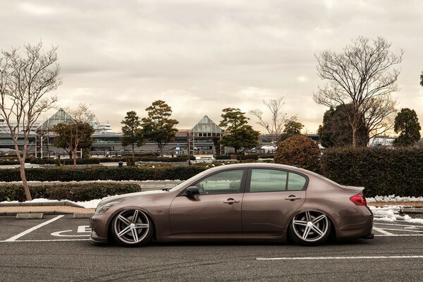 Residential city and brown infiniti car