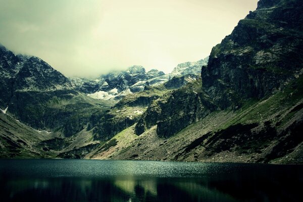 Lago em meio a uma paisagem de montanha