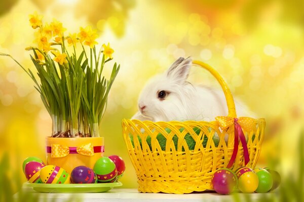 Cute basket with rabbit and eggs