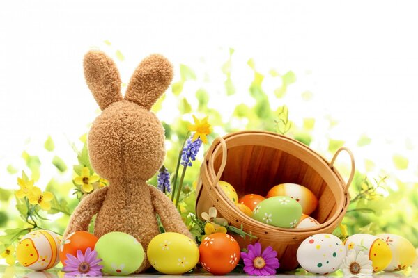 Easter eggs. Brown plush Rabbit