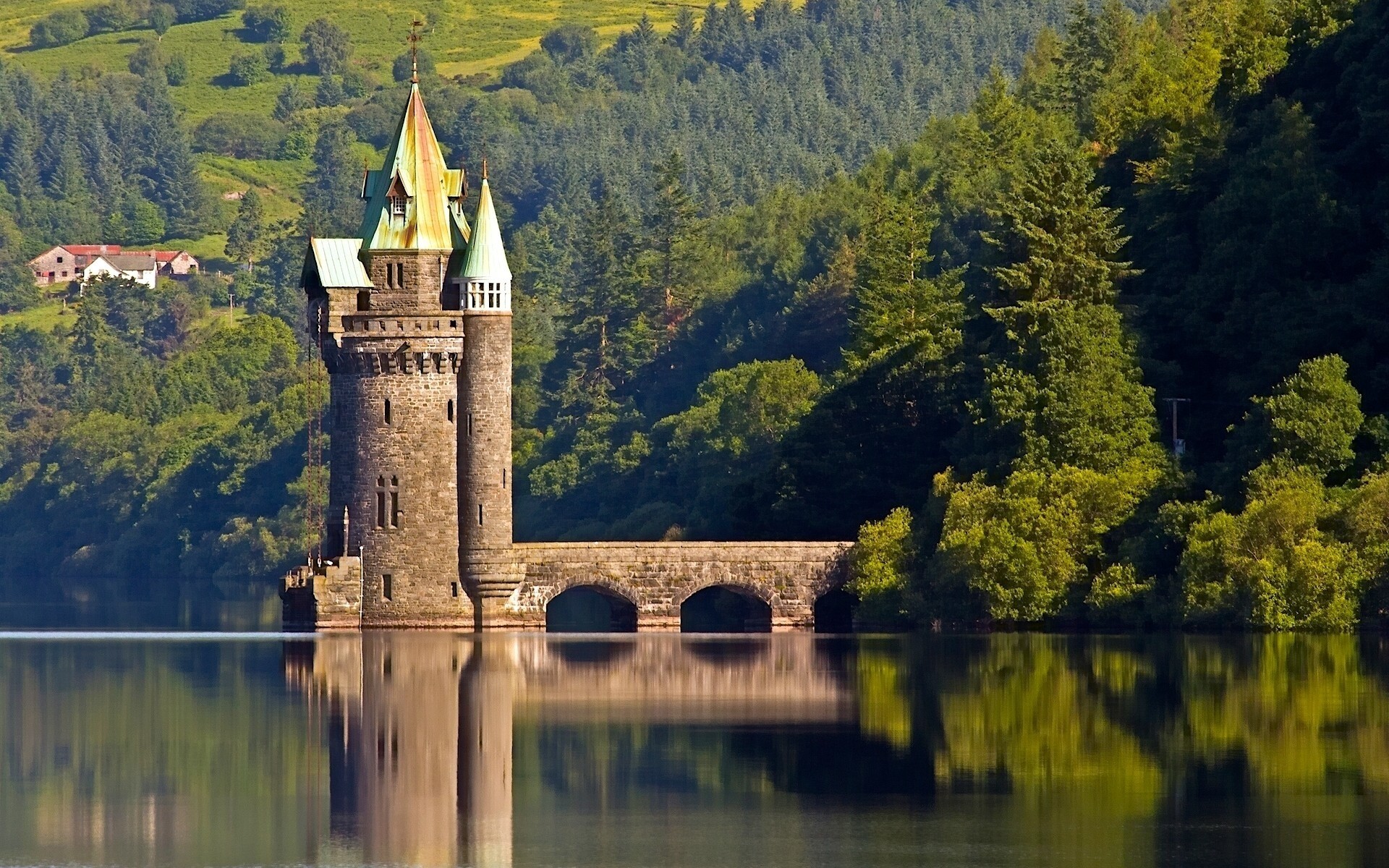 united kingdom lake river water reflection outdoors travel tree nature architecture sky wood daylight landscape bridge scenic fall vyrnwy tower england vyrnwy lake