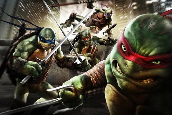 Ninja Turtles mit ihren Waffen sind bereit für den Fall