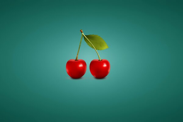 Two ripe cherries on a twig with a green leaf on a turquoise background