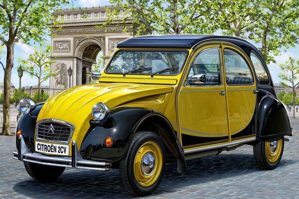 Жёлтый автомобиль на парижских дорогах