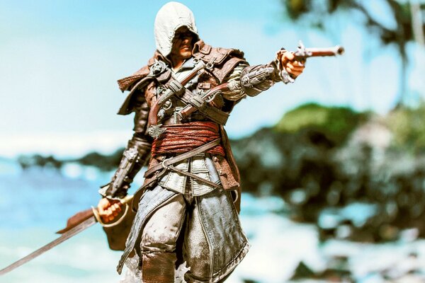 An assassin with a gun on the background of the island