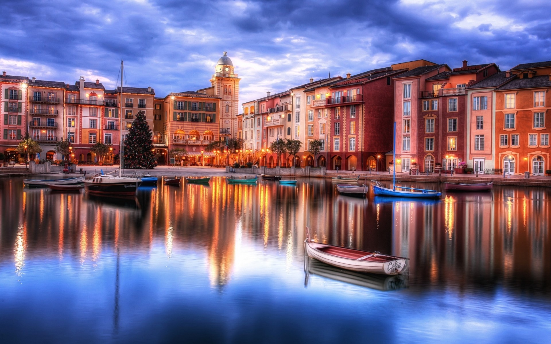 united states water architecture travel city building river canal reflection dusk sky outdoors illuminated evening town house tourism sight orlando florida usa boats lights