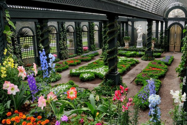 An inner garden with a bright flowerbed