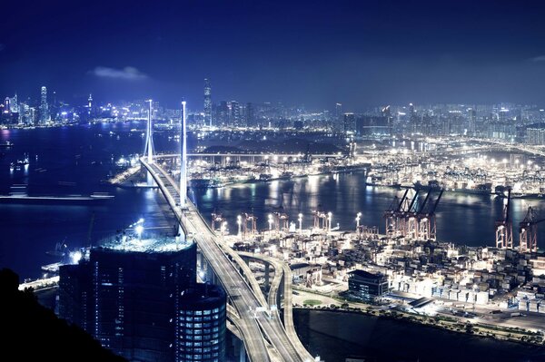 Ciudad nocturna con gran puente