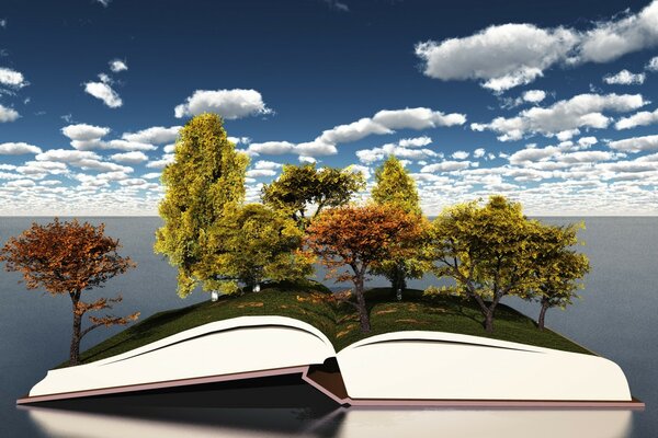 Grafika 3D książki, na której rosną drzewa