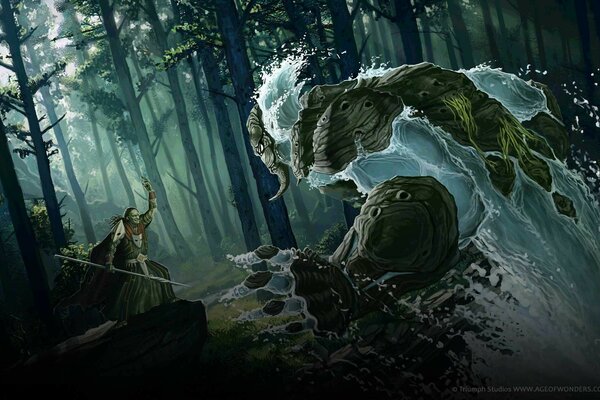 The battle of two characters in the forest