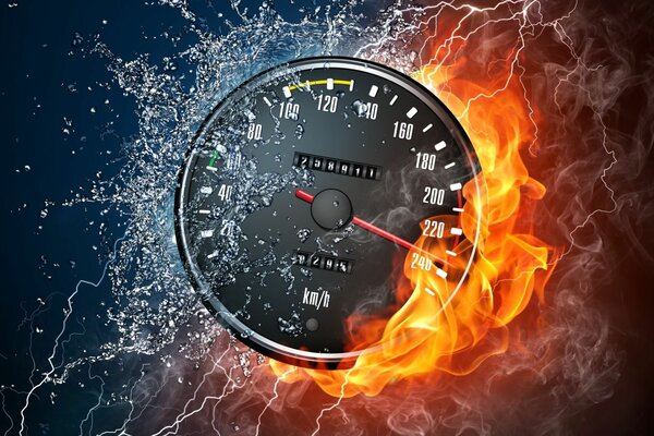 Speedometer between water and fire with red arrow