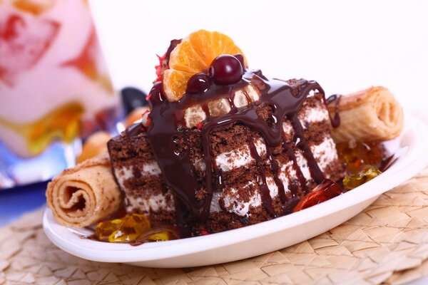 Delicious chocolate cake with fruit